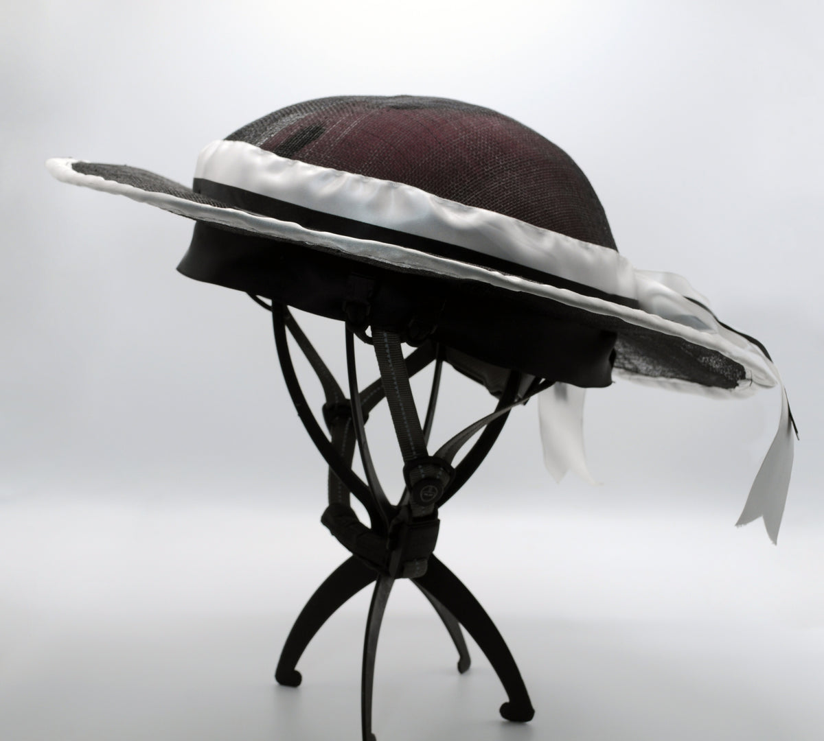 Black Sinamay Sun Bonnet Bike Helmet Hat with White and Black Bow
