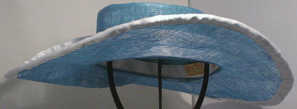 Blue Sinamay Hat with Beaded Sea Turtle Charm and White Trim