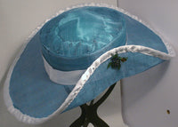 Blue Sinamay Hat with Beaded Sea Turtle Charm and White Trim