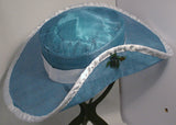 Blue Sinamay Hat with Beaded Sea Turtle Charm and White Trim