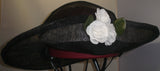 Black Sinamay Wide Brim Bike Helmet Hat with White Roses in Front