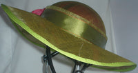 Olive Sinamay Wide Brim Bike Helmet Hat with Magenta & Pink Roses