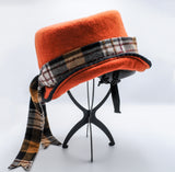 Rust Color Wool Felt Riding Bike Helmet Hat with Wool Tartan Tie