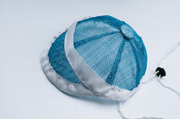 Blue Sinamay Baseball Cap-Style Bike Helmet Hat with White Ribbon Trim