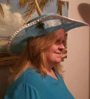 Blue Sinamay Hat with Beaded Sea Turtle Charm and White Trim