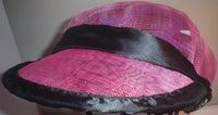 Hot Pink Sinamay Baseball Cap-Style Bike Helmet Hat with Black Trim