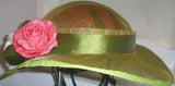 Olive Sinamay Wide Brim Bike Helmet Hat with Magenta & Pink Roses