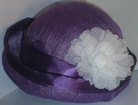 Purple Sinamay Bowler Hat with White Flower