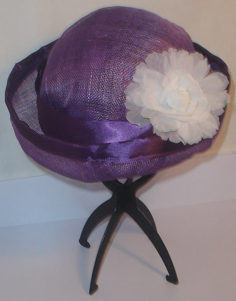 Purple Sinamay Bowler Hat with White Flower