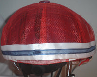 Red Sinamay Baseball Cap Style Bike Helmet Hat with White & Blue Ribbons