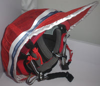 Red Sinamay Baseball Cap Style Bike Helmet Hat with White & Blue Ribbons