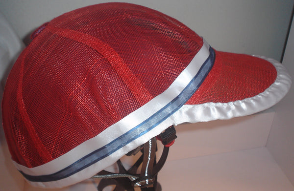 baseball cap style bike helmet Red Sinamay Baseball Cap Bike Helmet Hat with White & Blue Ribbons – Hats by Colleen