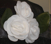 Black Sinamay Wide Brim Bike Helmet Hat with White Roses in Front